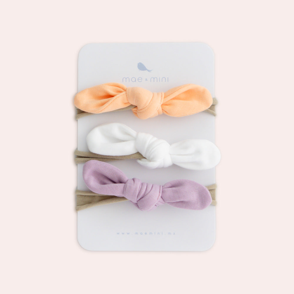Mini Moñitos Nudo en color Lavanda -Melón - Blanco - accesorio para bebe